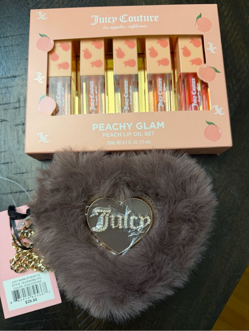 Juicy Couture Peachy Glam Lip Oil Set with Brown Heart Plush Crossbody
